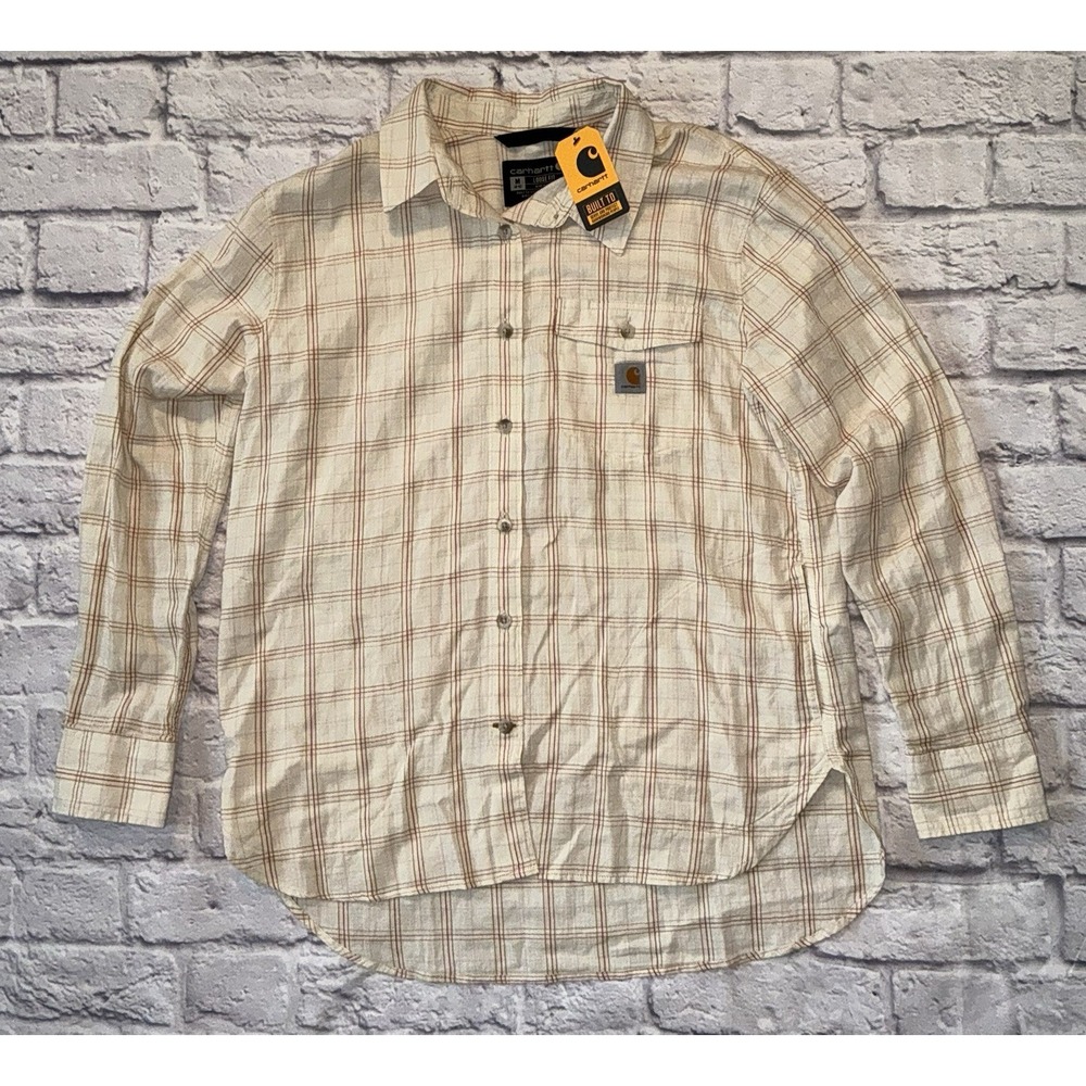 NWT Woman Sz Med Carhartt loose fit button down cotton plaid shirt lightweight‎